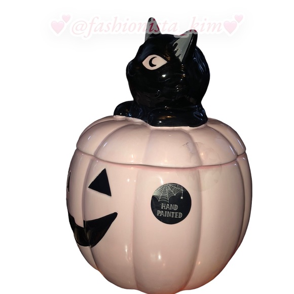 ©️Cobwebs & Cauldrons Pink jack-o-lantern pumpkin canister with black cat topper - Picture 7 of 9